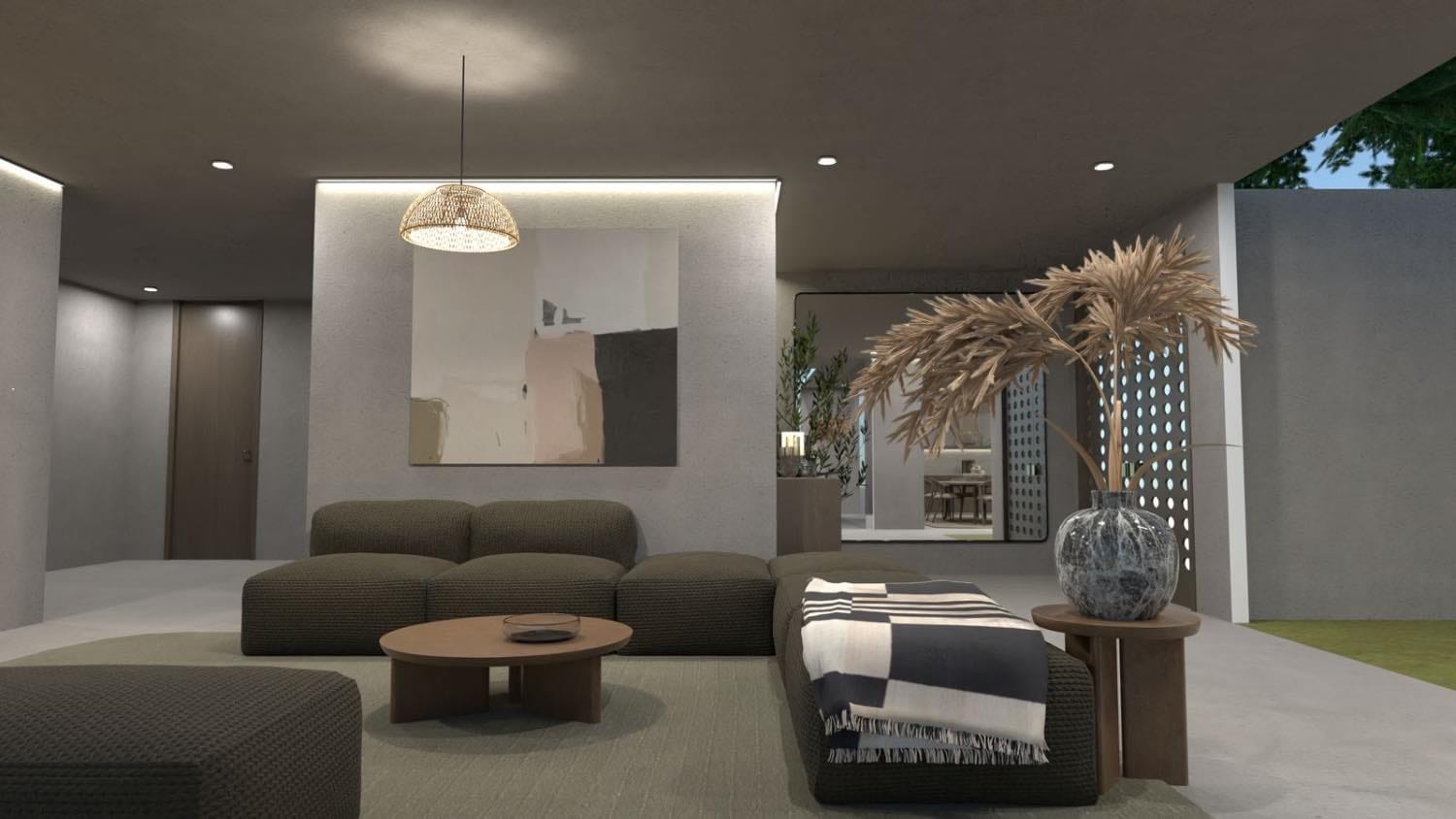 sala de estar moderna con sofá gris, render 3d, planner 5d