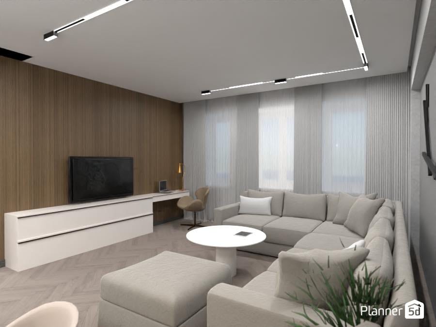 sala de estar minimalista con pared de madera y sofá gris, render 3d, planner 5d