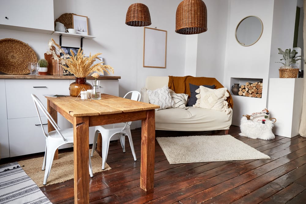 Wohnzimmer mit natürlichen Materialien wie Holz und Rattan