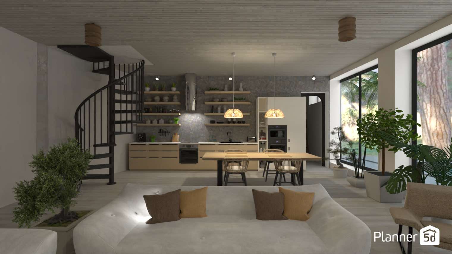 render 3d, salón, comedor y cocina, casa con alberca moderna, planner 5d