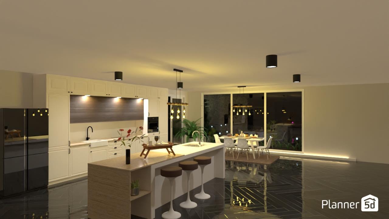 Render 3d de cocina de color blanco, planner 5d