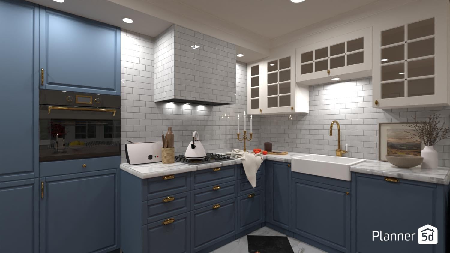 Render 3d de cocina de color azul, planner 5d