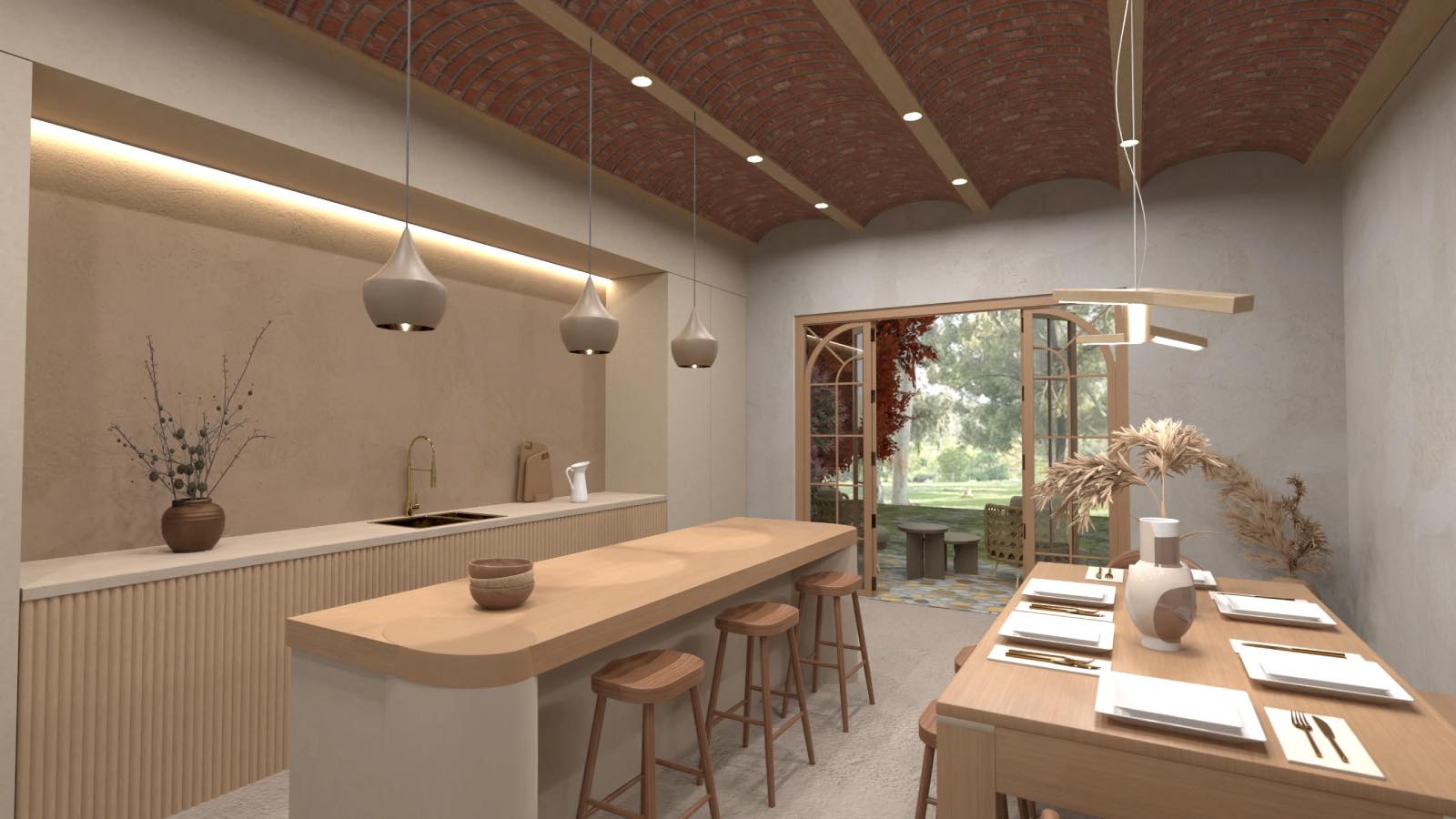 Render 3d de cocina de color beige y madera, planner 5d