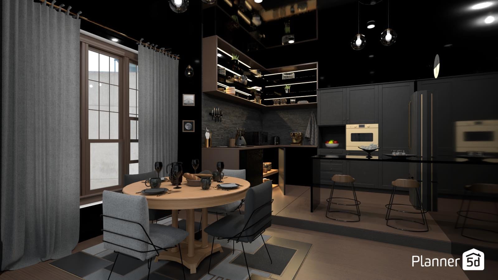 Render 3d de cocina de color negro, planner 5d