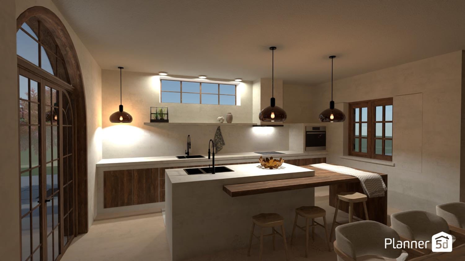 Render 3d de cocina de color beige, planner 5d