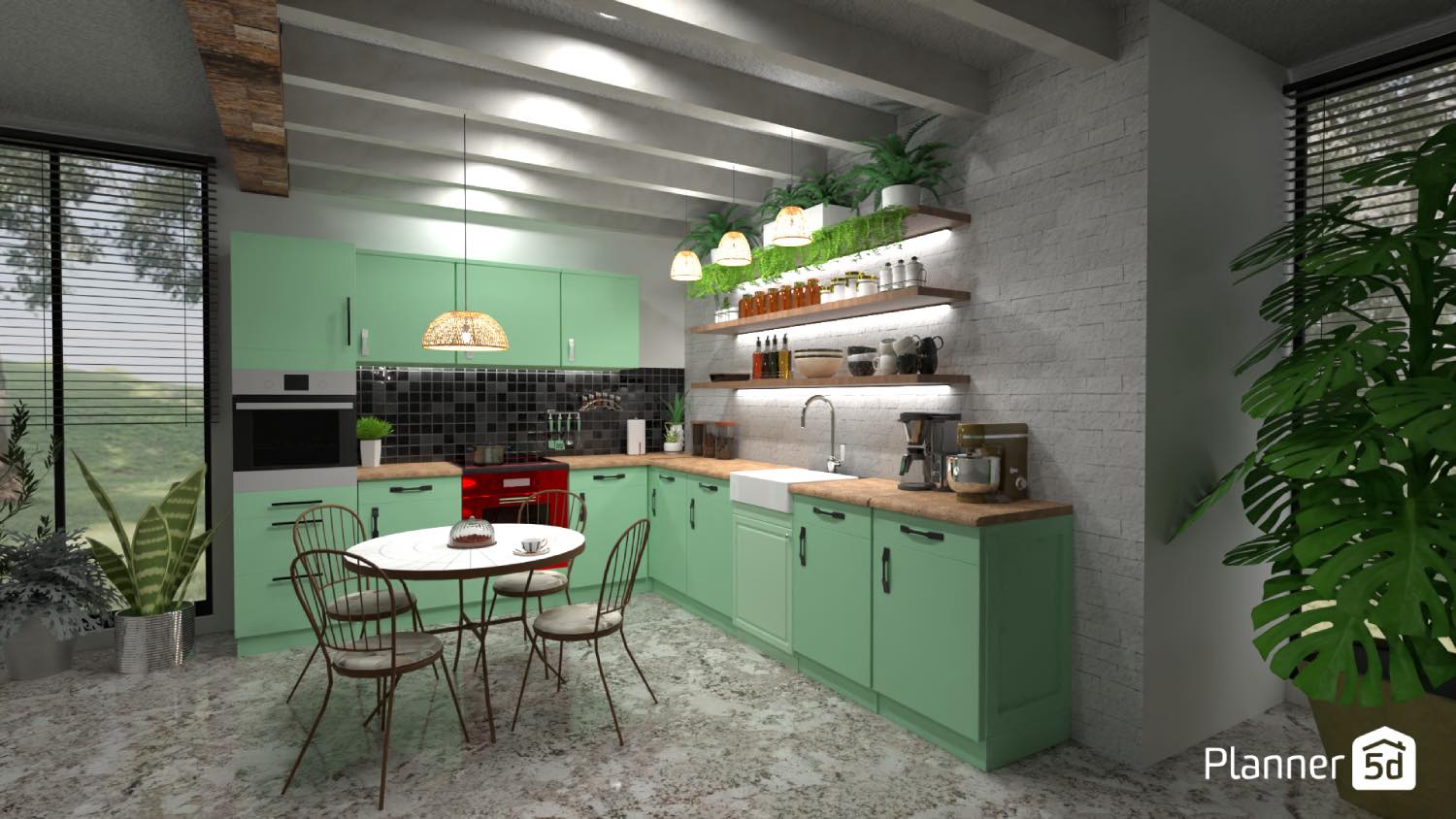 Render 3d de cocina de color verde, planner 5d