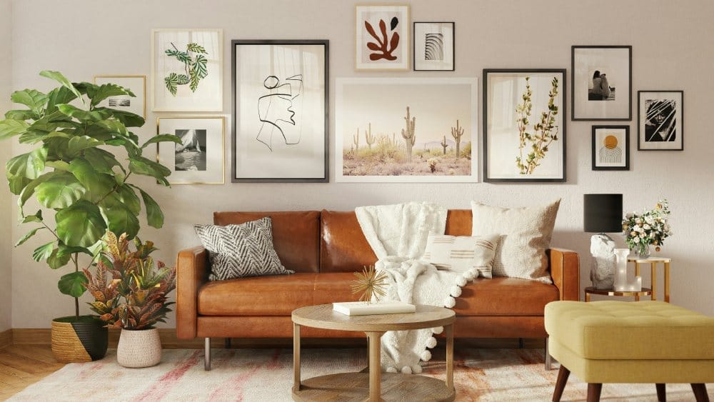 sala de estar de apartamento decorada com quadros na parede