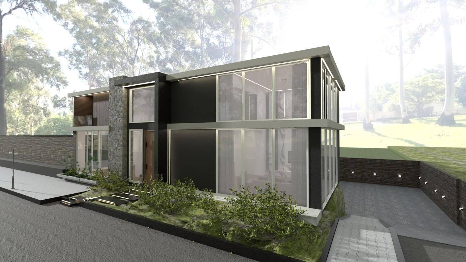 plano 3d de casa moderna de cristal, villa de lujo, render, planner 5d