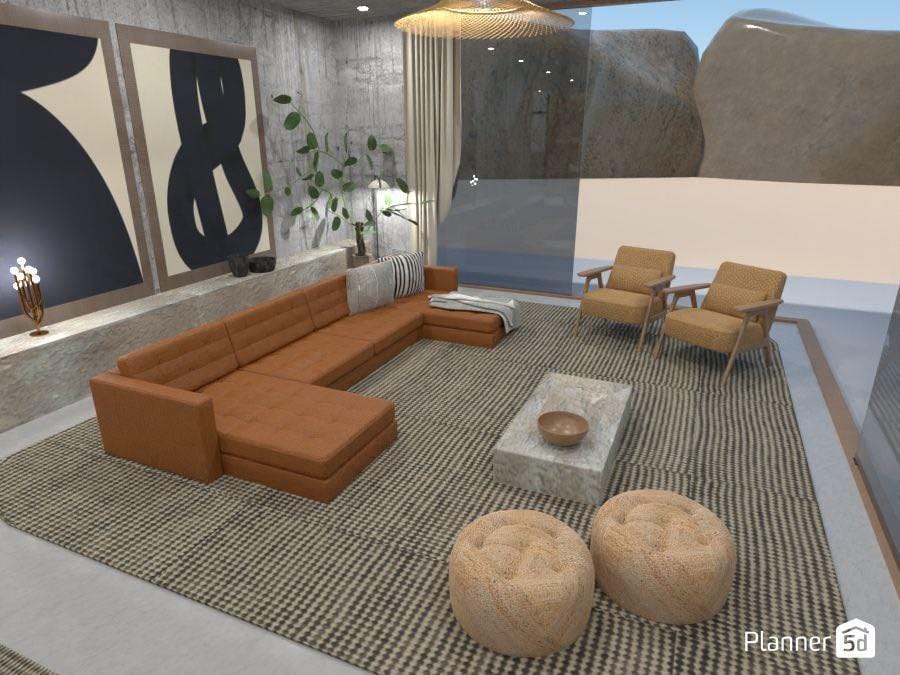 render 3d de sala de estar moderna con sofá naranja, planner 5d
