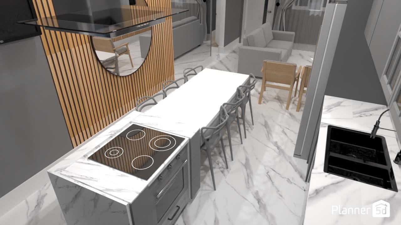 plano 3d de salón-comedor-cocina moderno, gris con madera, render planner 5D