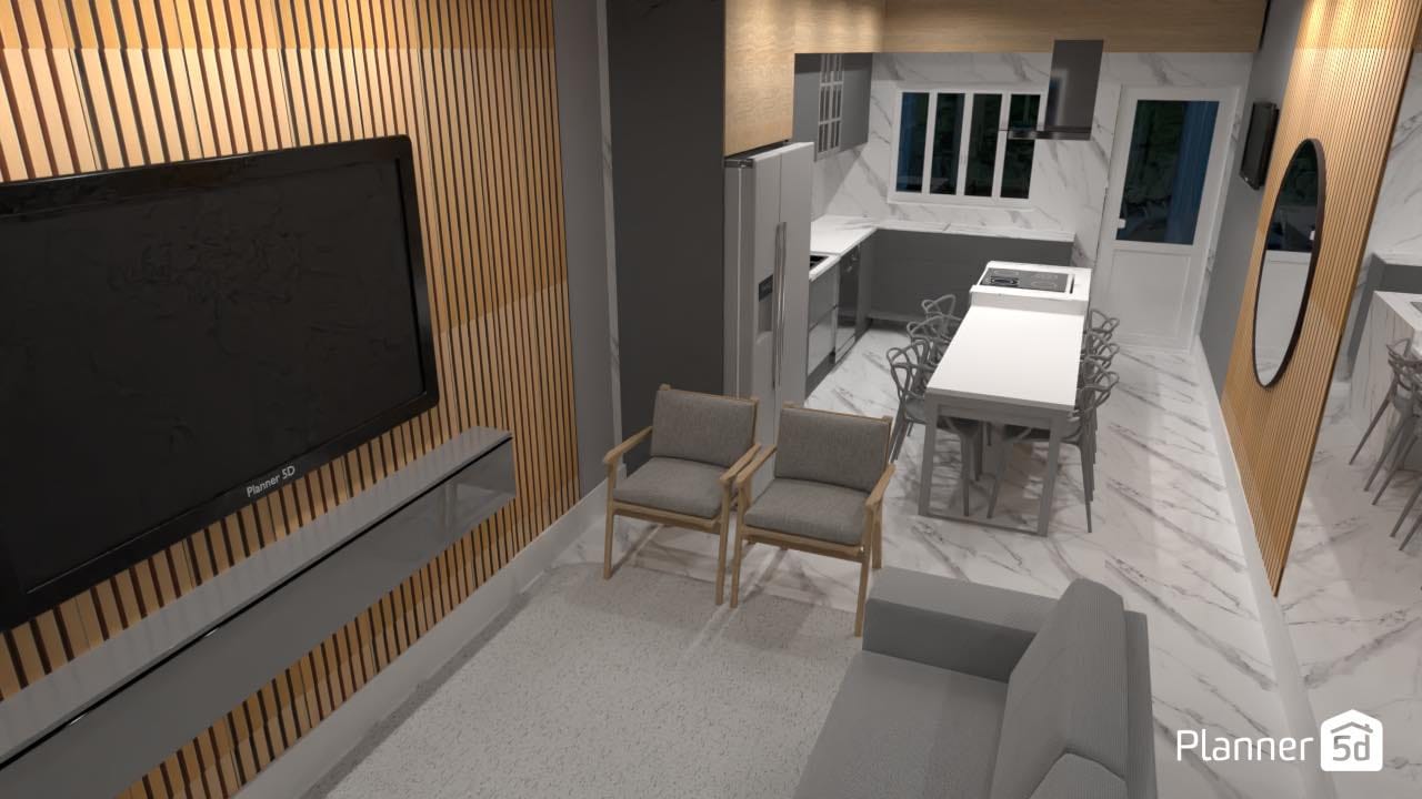 plano 3d de salón-comedor-cocina moderno, gris con madera, render planner 5D