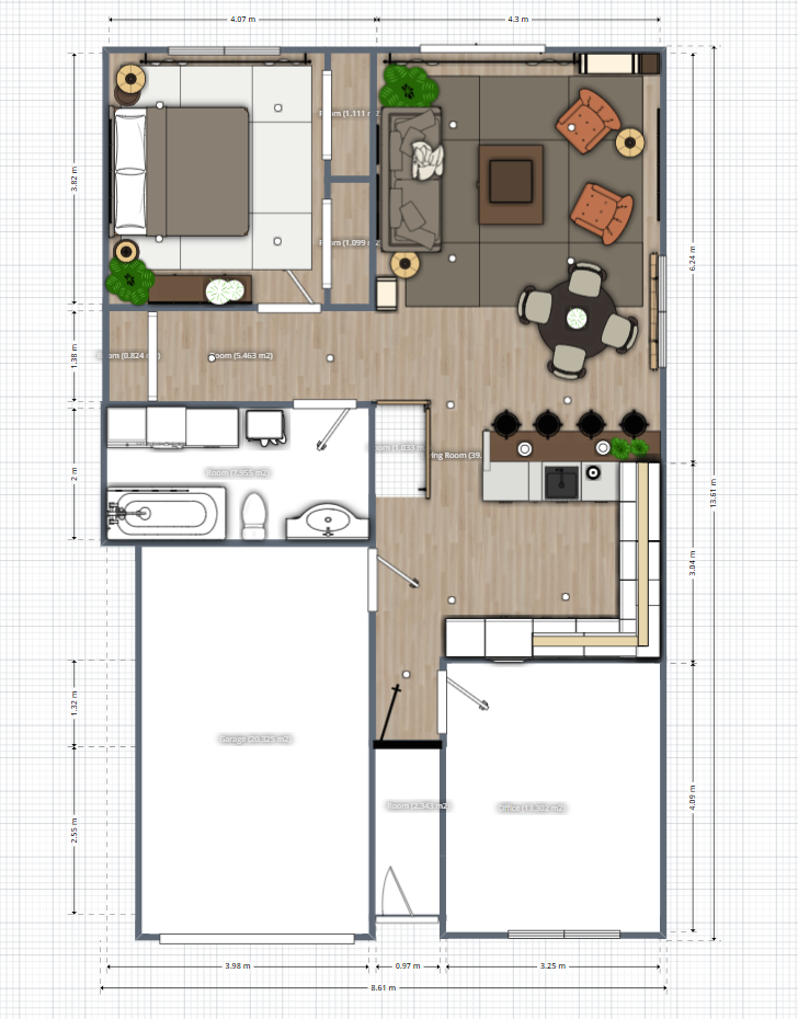 Planta baixa de casa moderna com medidas criada no Planner 5D