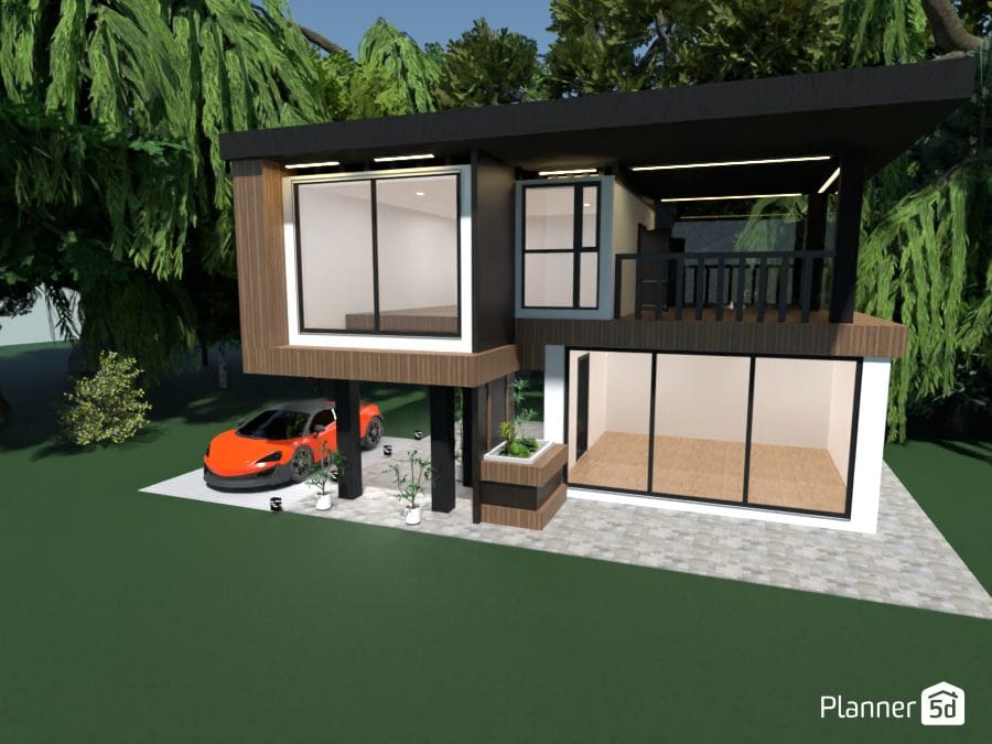 Casa moderna de dois andares com garagem projetada no Planner 5D