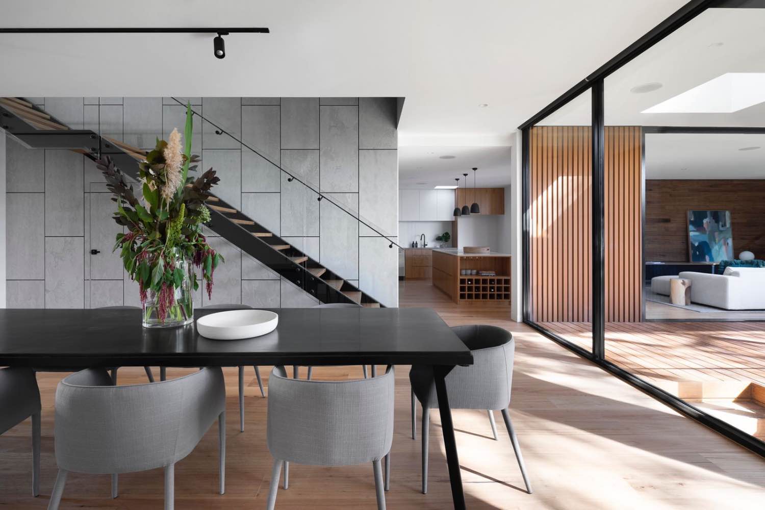 comedor, cocina y sala de estar de concepto abierto, casa de diseño