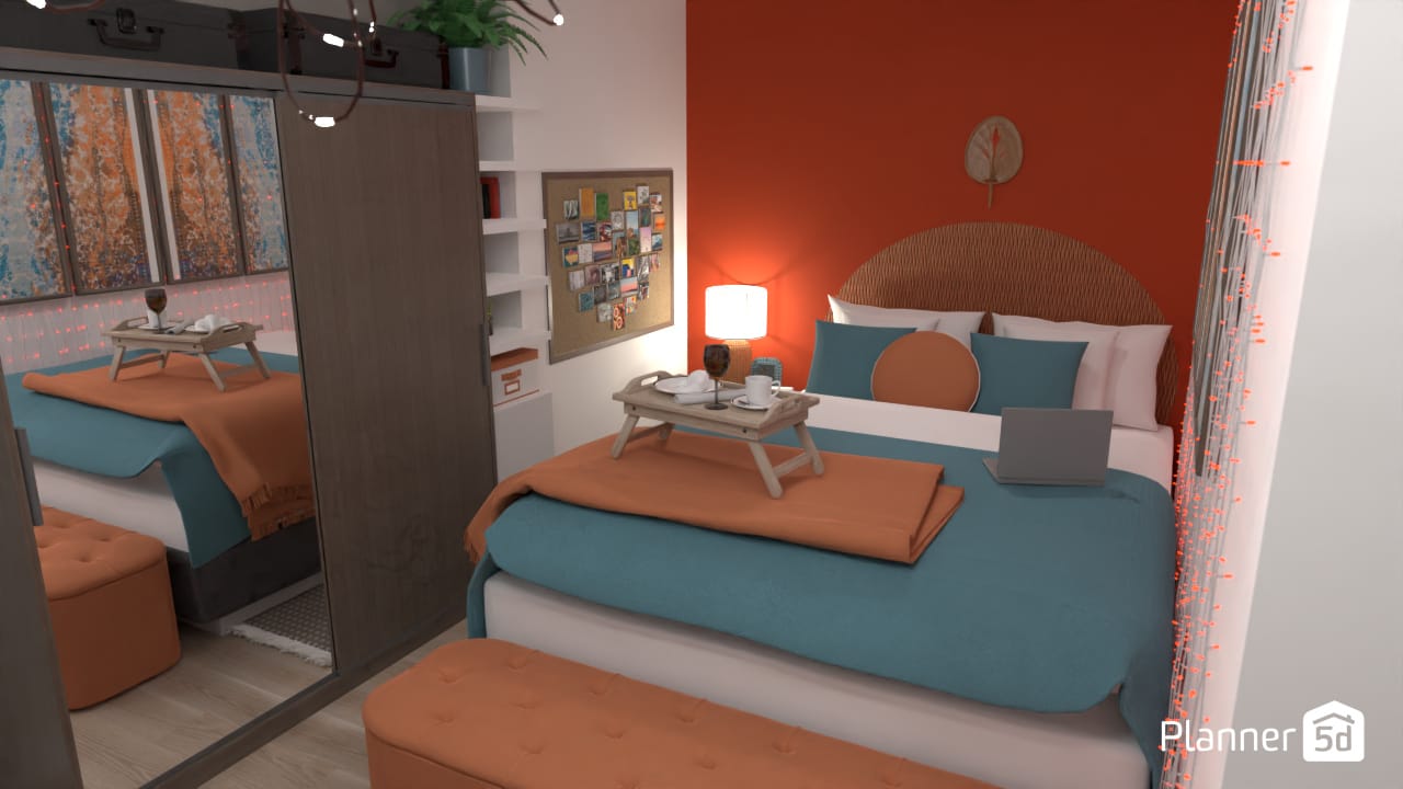 simulador de quarto de estudante com paleta de cores vivas e móveis de madeira