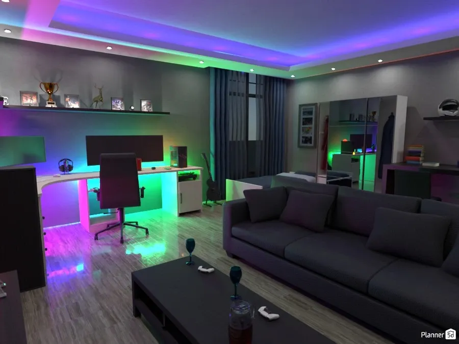 simulação de quarto gamer com luz de led e sofá cinza