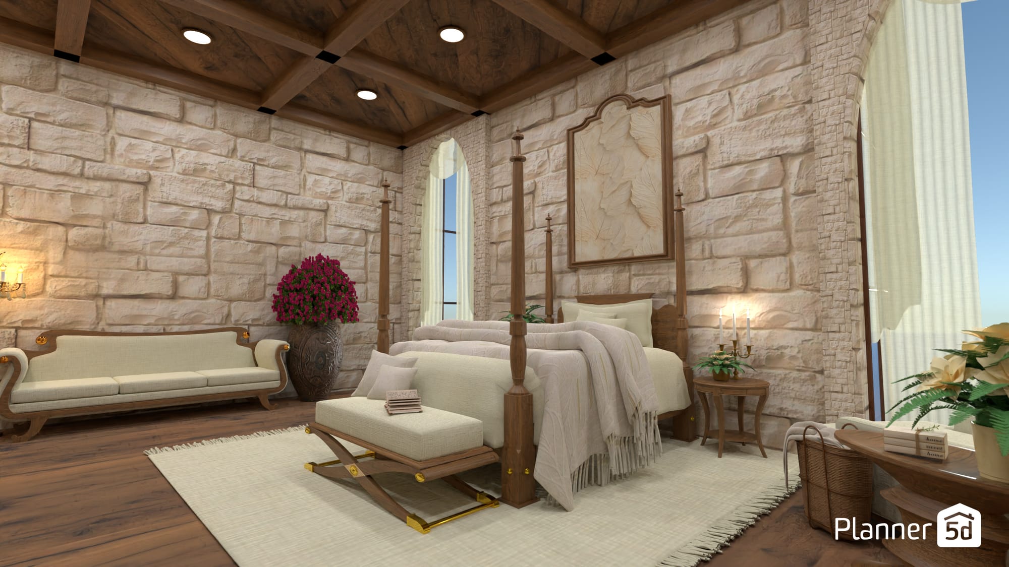 simulador de quarto com parede de pedras naturais e design clássico
