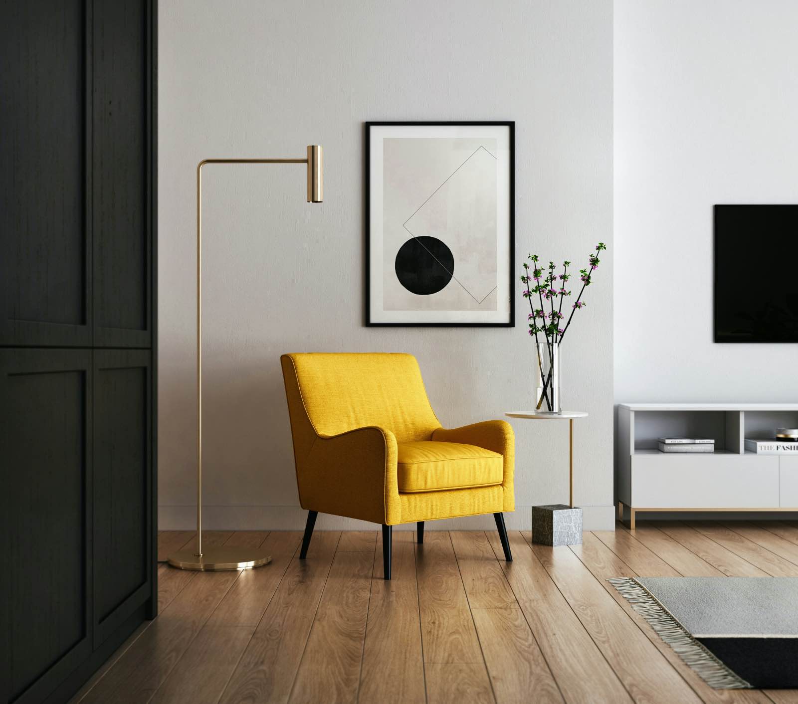 decoración de tonos neutros con sillón amarillo, sala de estar gris y negra