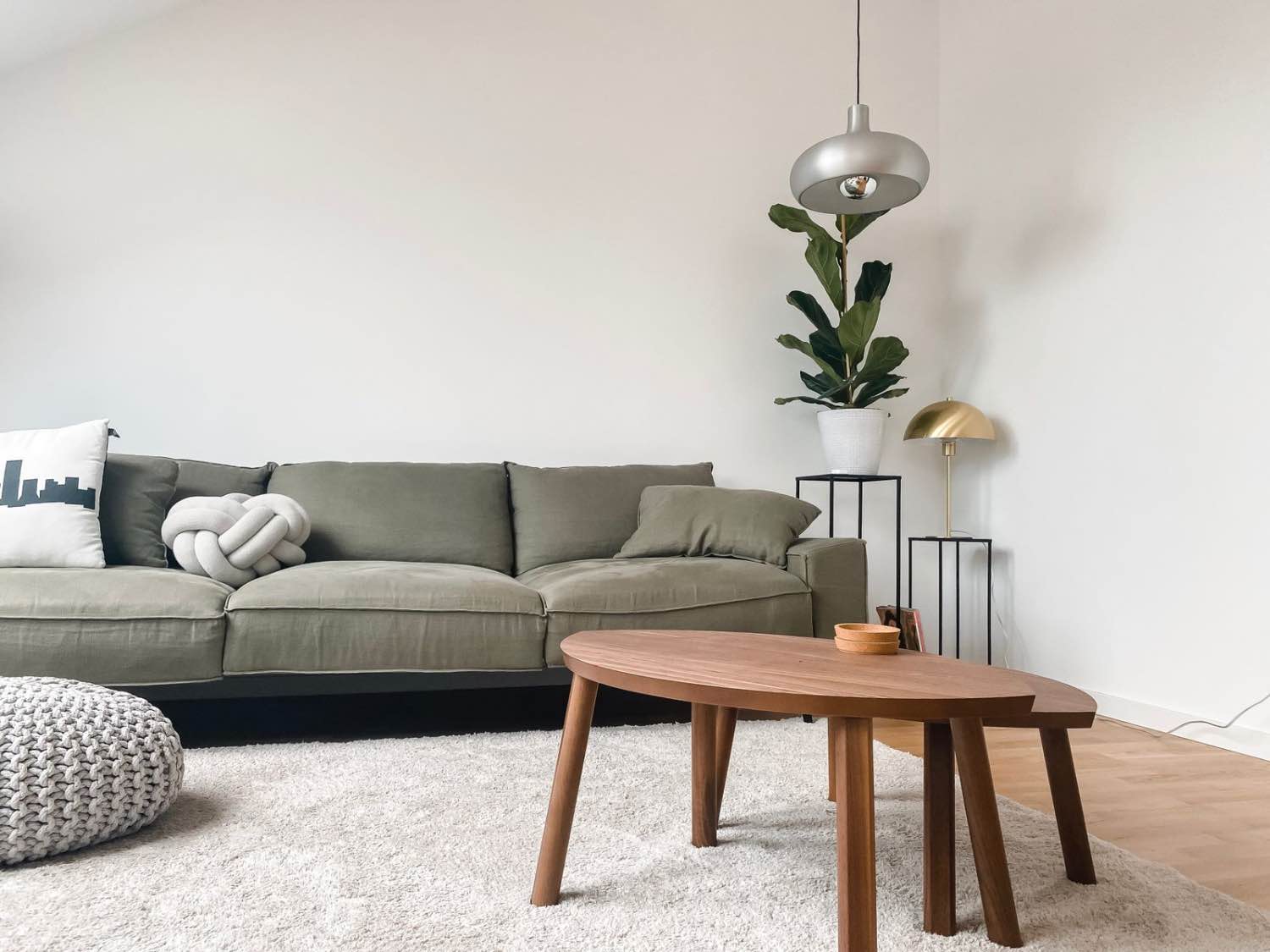 Decoración con tonos neutros, sala de estar con sofá verde oliva