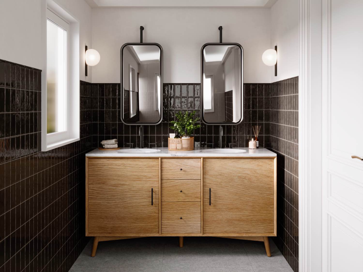 modern bathroom with trendy dark tiles