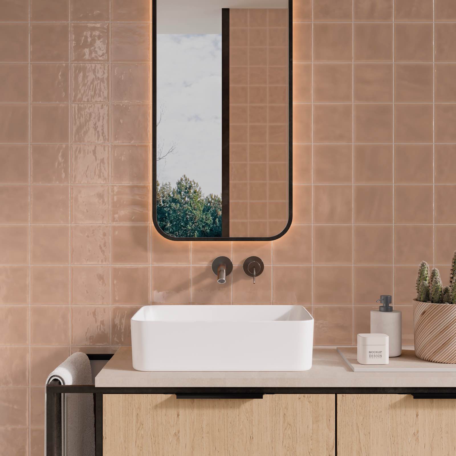 modern bathroom with pastel pink tiles