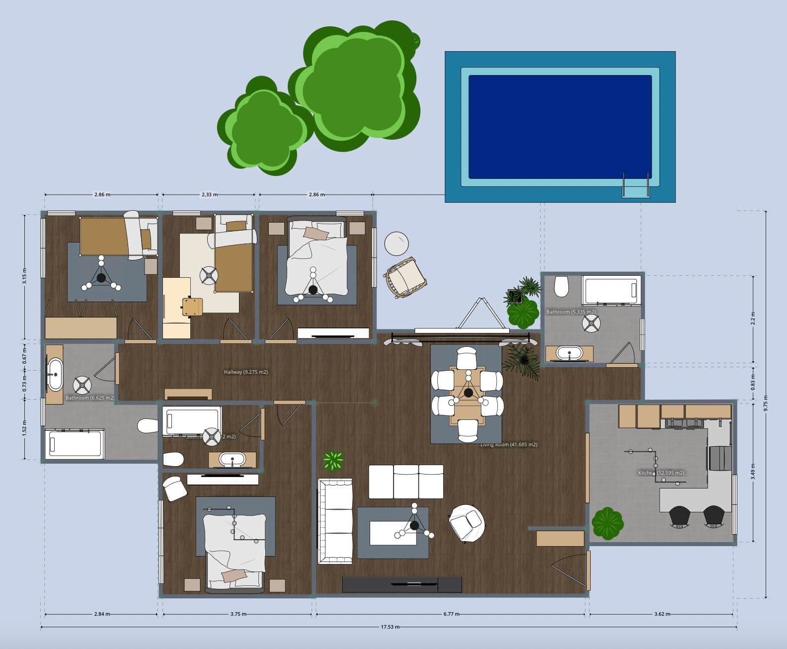 Planos de casa de una planta con piscina. Planos creados con Planner 5D. 