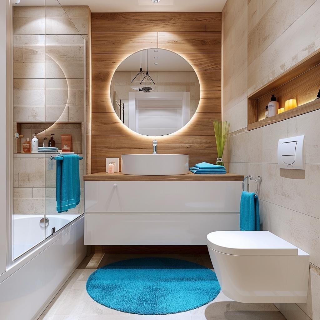 Diseño de cuarto de baño azul y blanco con madera moderno