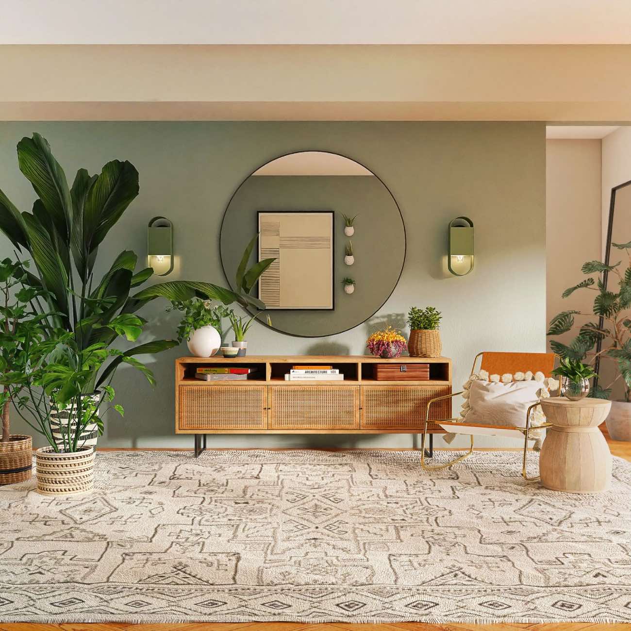 diseño de interiores con pared verde