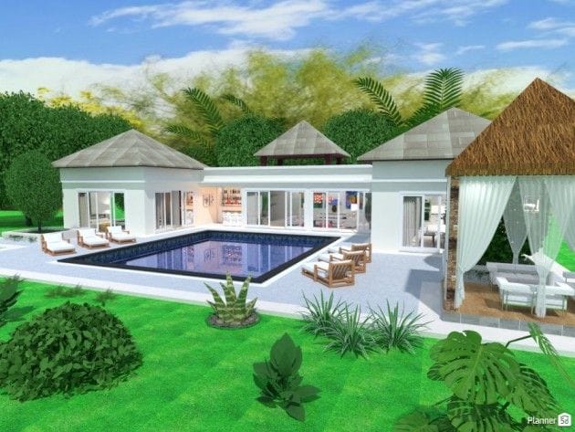 Render de espaço externo projetado no Planner 5D com espreguiçadeiras, piscina e plantas 