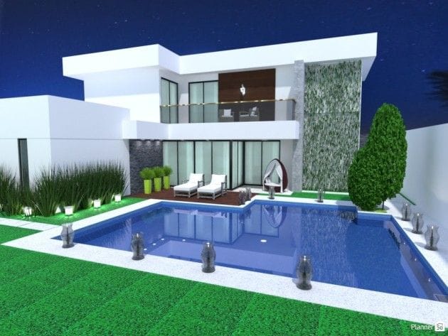 Render de espaço externo no Planner 5D com plantas, gramado e piscina