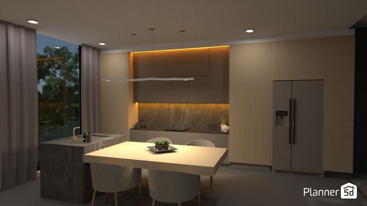 render 3d de cocina moderna con isla, planner 5d