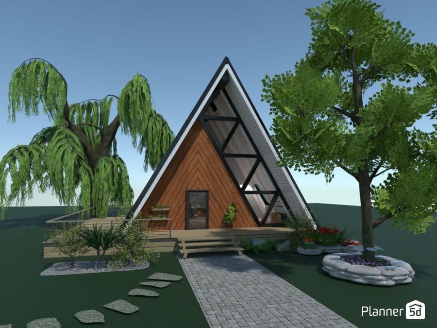 3d render of modern garden and cabin, planner 5d