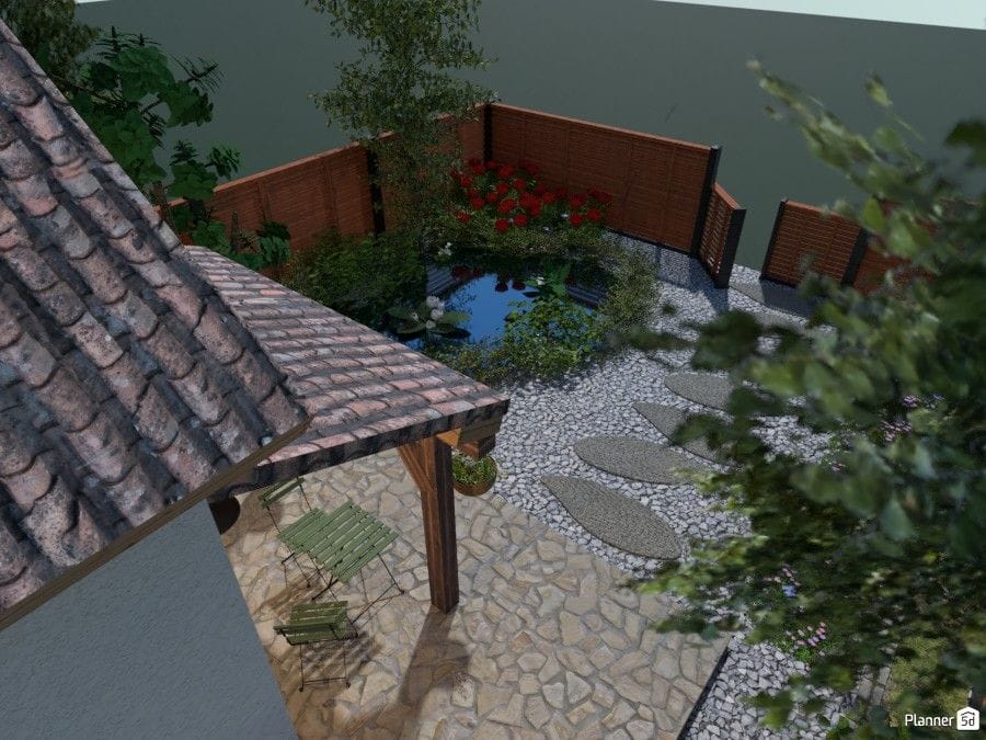 3d render of rustic garden and cabin, planner 5d