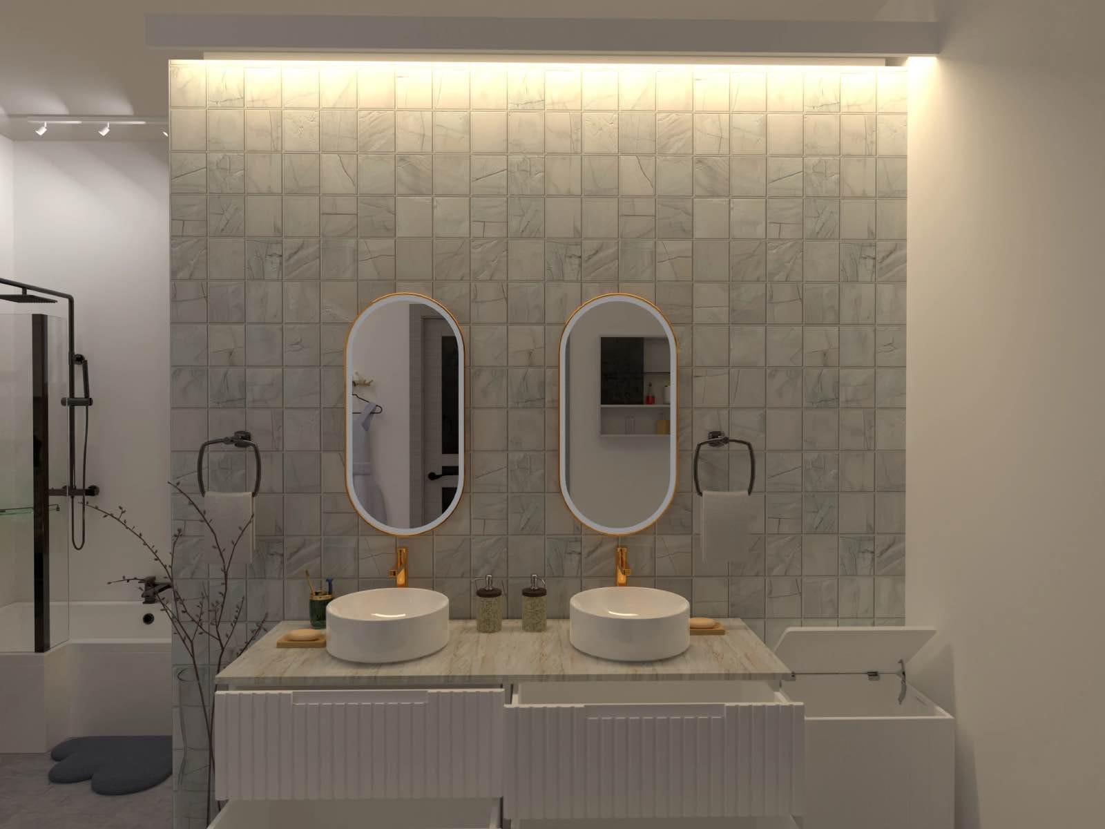 render 3d de baño moderno blanco con mármol, planner 5d