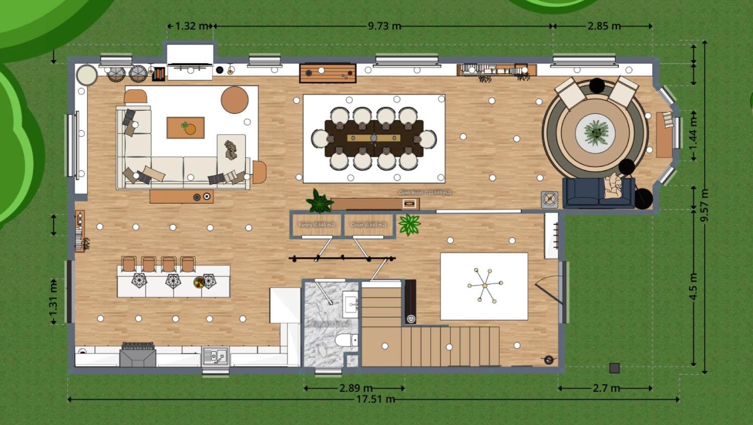 plano de casa de 4 dormitorios moderna, salón, comedor, cocina