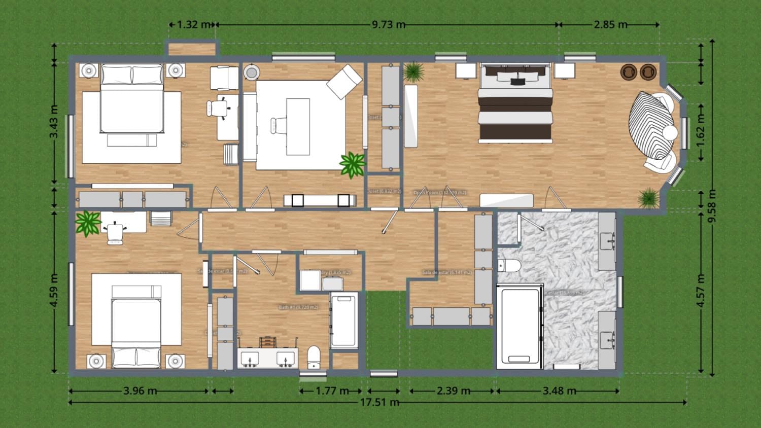 plano de casa de 4 cuatro dormitorios moderna, habitaciones, estudio, cuartos de baño