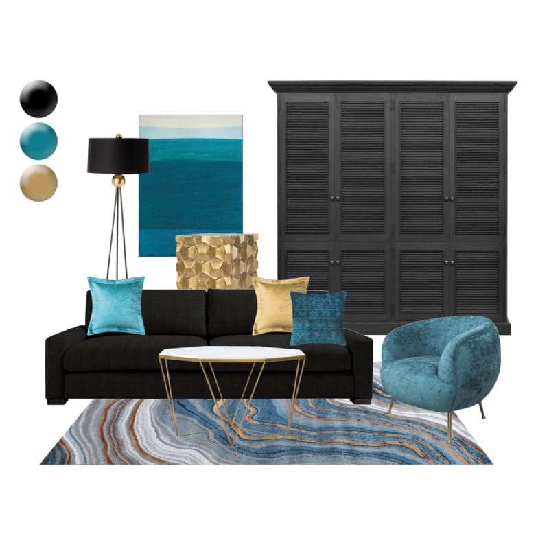 mood board with black, blue and gold scheme