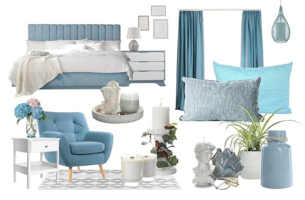 blue and white interior design mood board