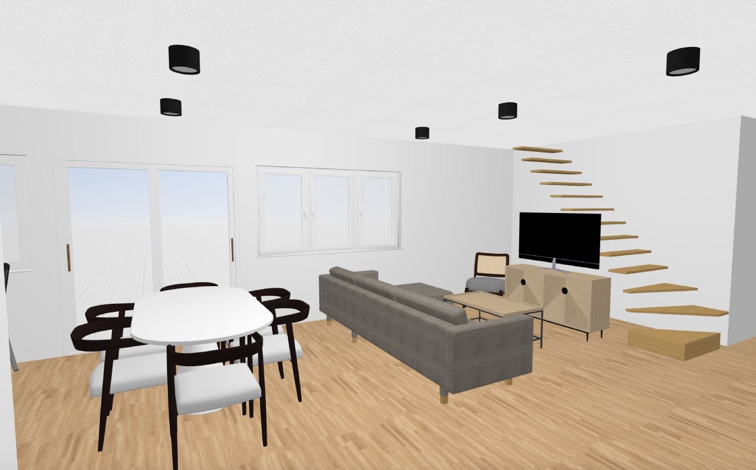 render de salón comedor minimalista, casa de dos pisos, escaleras, planner 5d