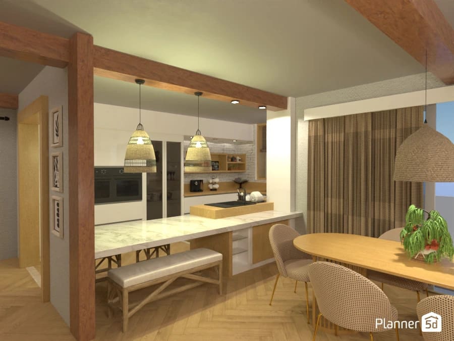 visualização 3D de apartamento com 3 quartos e cozinha americana