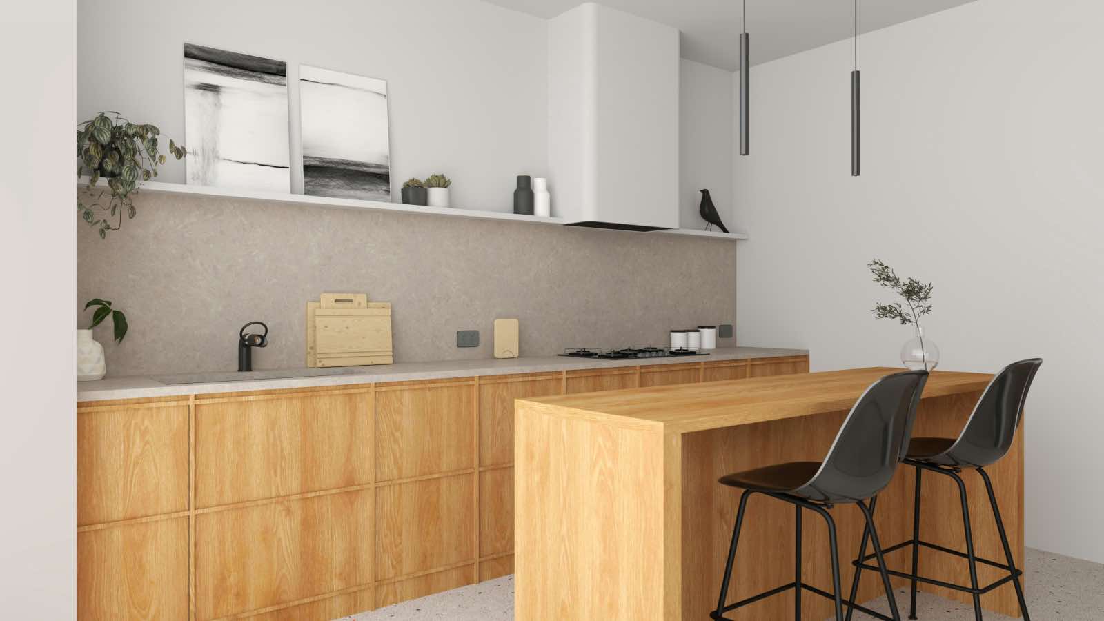 cocina blanca con muebles e isla de madera, diseño moderno