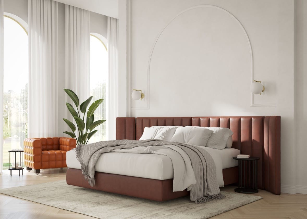 cabecero de cama tapizado en cuero marrón, dormitorio moderno