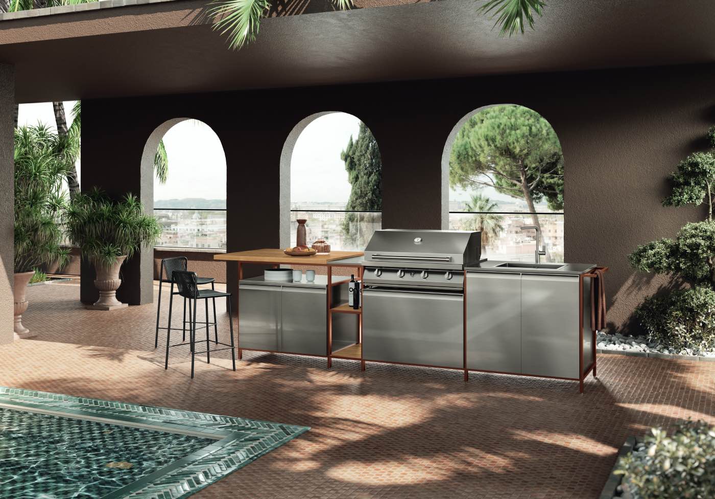 cocina de jardín de acero, muebles y accesorios de jardín