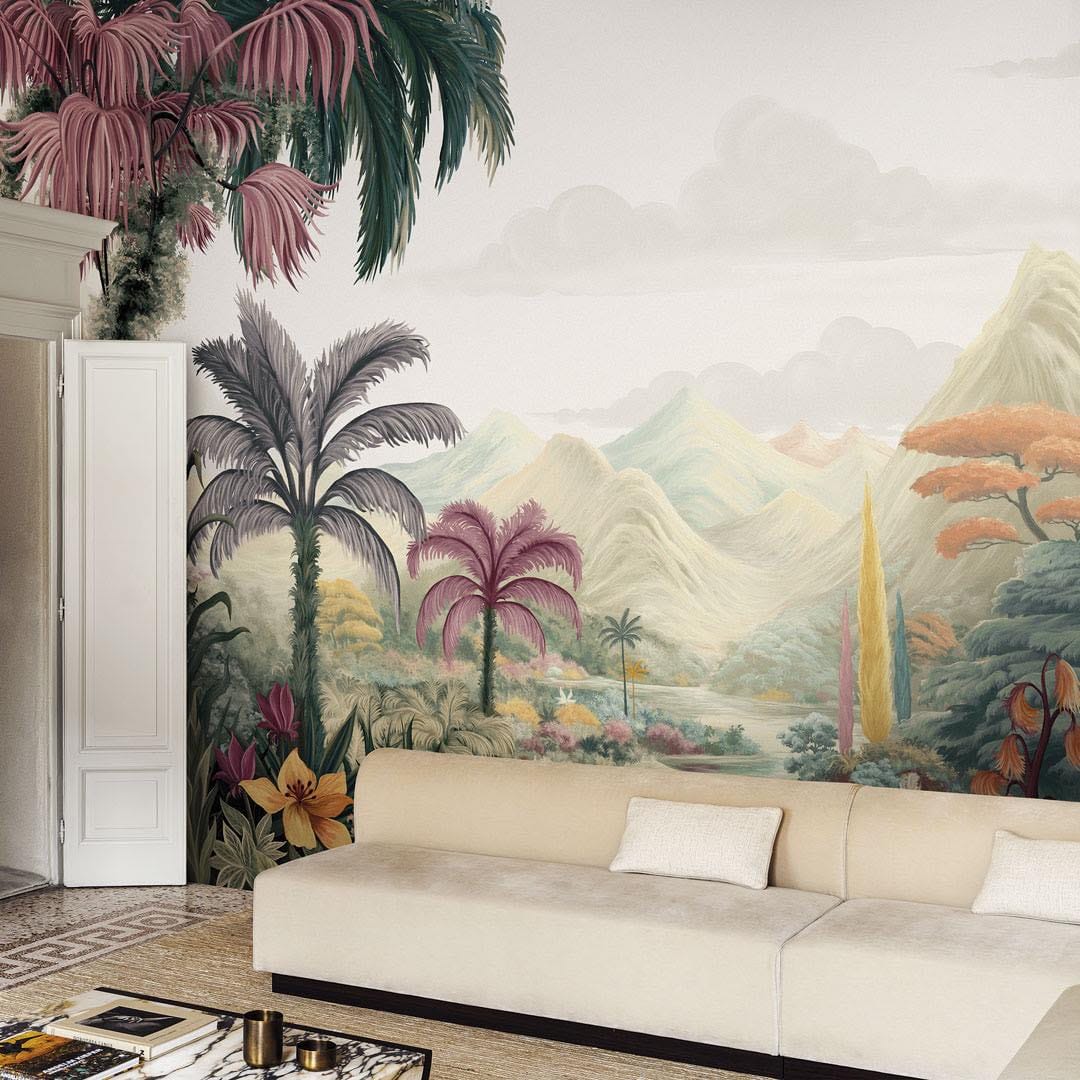 sala de estar con sofá blanco y papel de pared estampado, papel tapiz