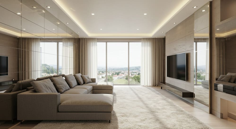 sala de estar com espelhos para ampliar o uso de iluminação natural