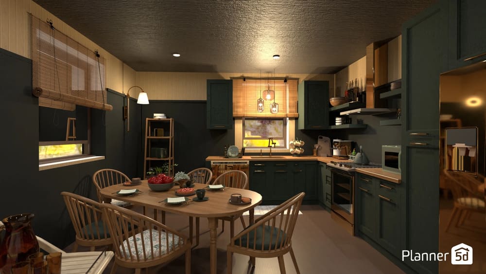 Render cuisine vert e brun créé à l'aide de Planner 5D