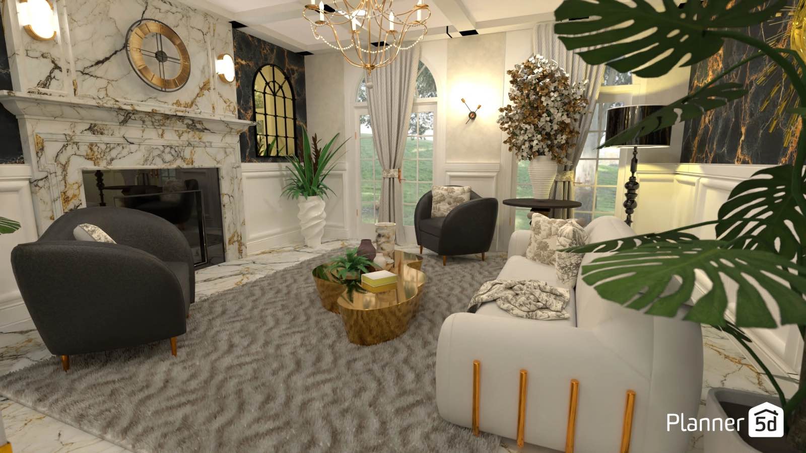 sala de estar maximalista, render 3d hecho con app de diseño de interiores