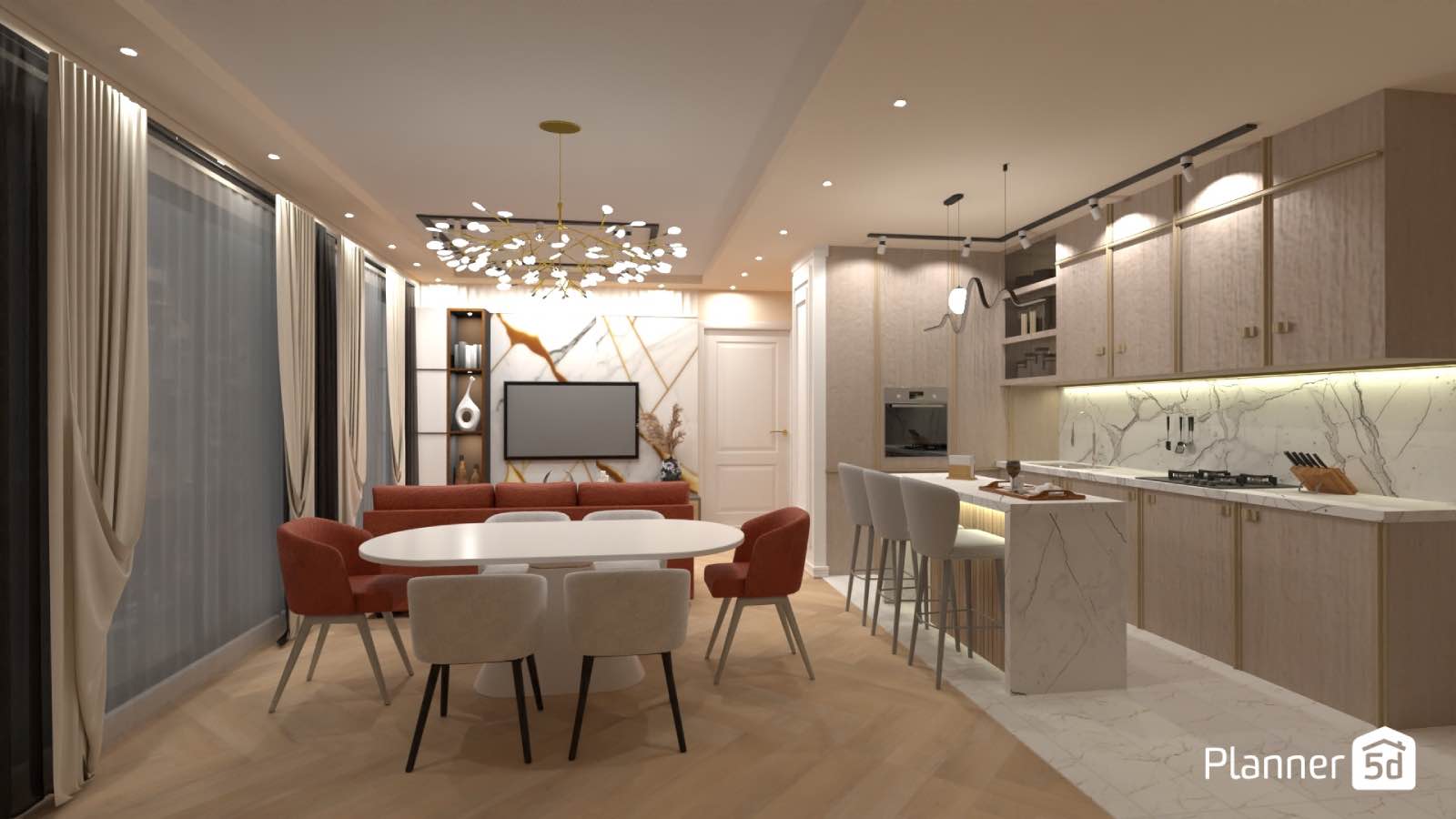 render salón-comedor-cocina, planner 5d, app de diseño de interiores