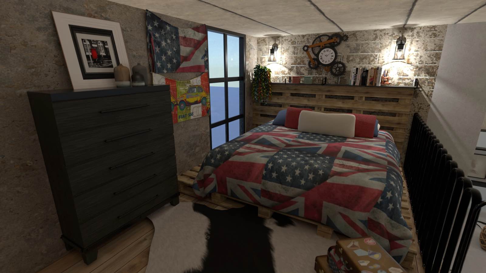 render 3d dormitorio estilo industrial, planner 5d