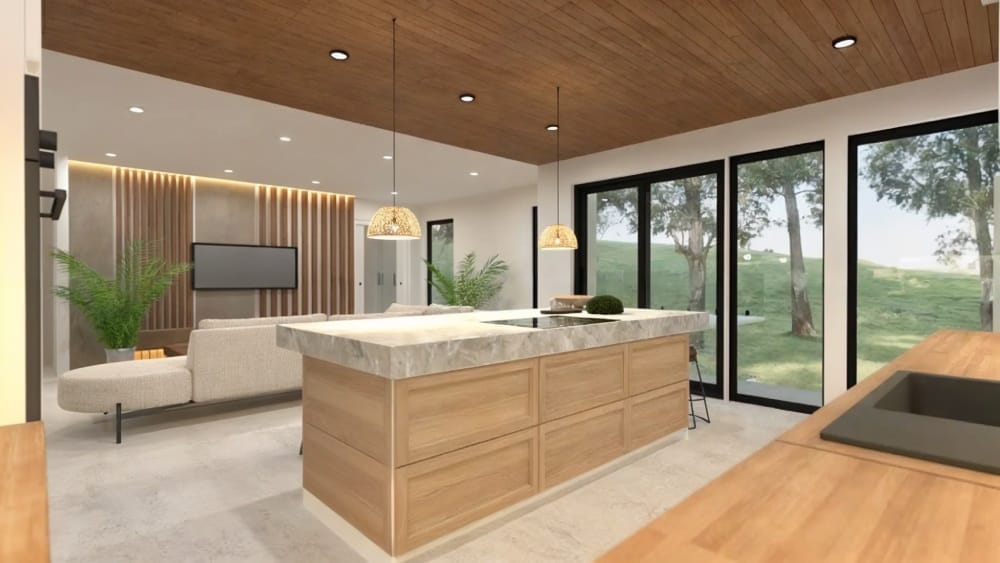 render de cocina moderna de madera y mármol, tendencias decoración